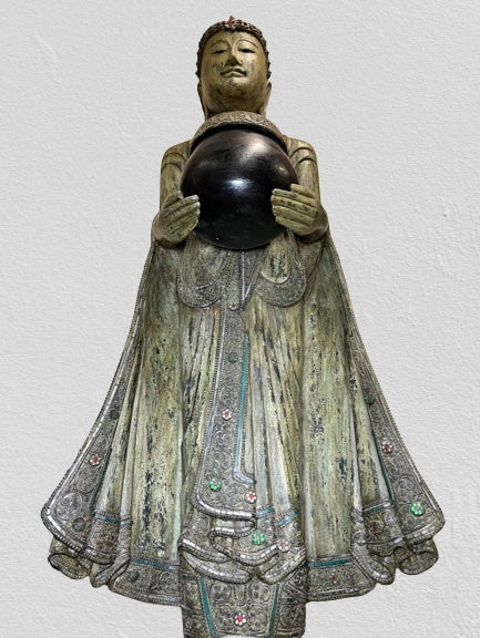 Wood Standing Buddha with Offering Bowl 69"