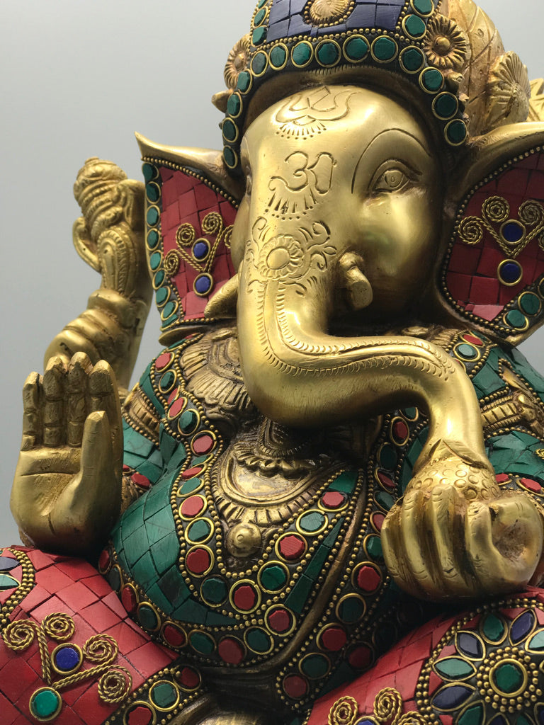 Brass Seated Ganesh with Stonework 12"