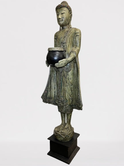 Wood Standing Buddha with Offering Bowl 69"