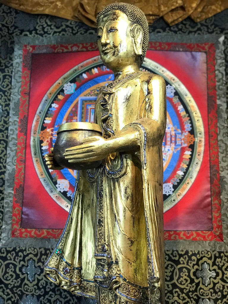 Wood Standing Monk with Alms Bowl 48" - Routes Gallery