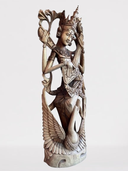 Wood Saraswati Wisdom Goddess Statue 42"