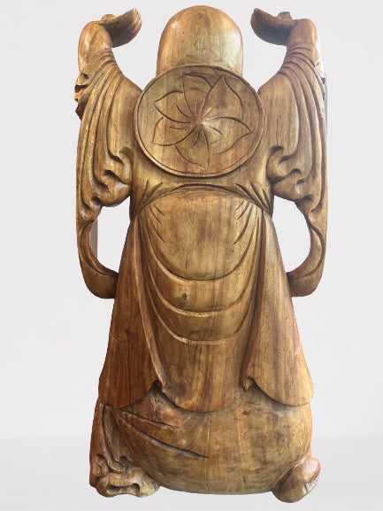 Wood Laughing Buddha Statue with Hands Up 40"
