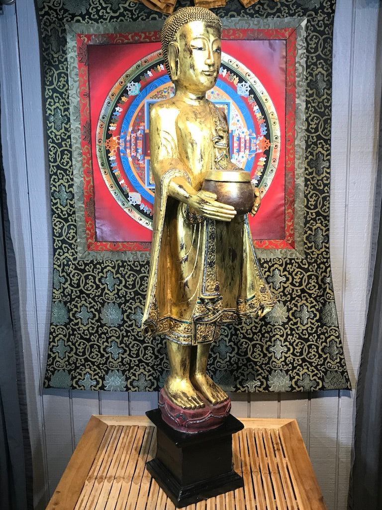 Wood Standing Monk with Alms Bowl 48" - Routes Gallery
