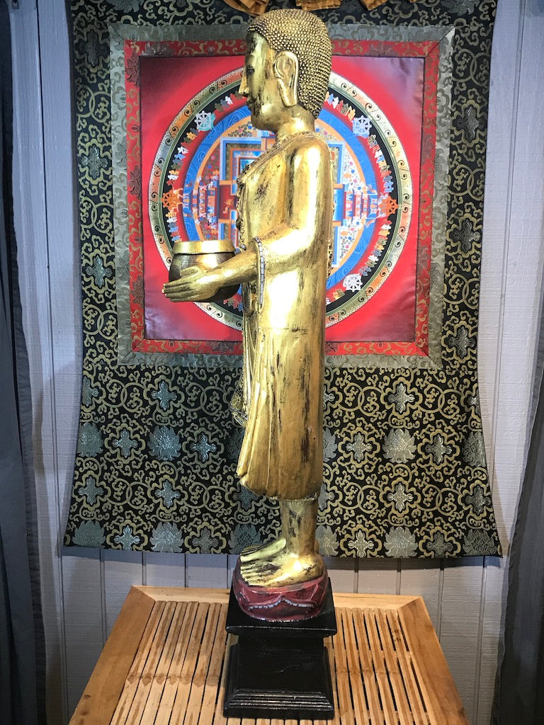 Wood Standing Monk with Alms Bowl 48" - Routes Gallery