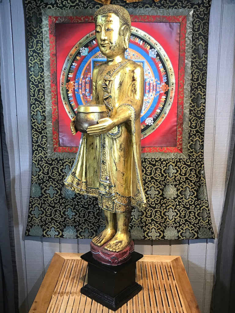 Wood Standing Monk with Alms Bowl 48" - Routes Gallery