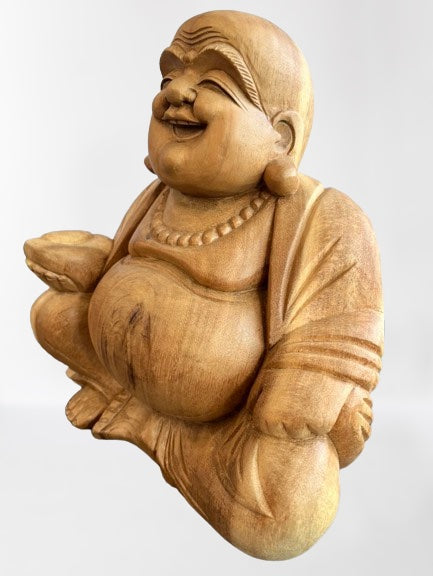Wood Fat Laughing Happy Buddha Statue 12" - Routes Gallery