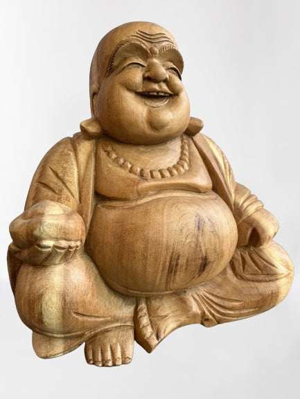 Wood Fat Laughing Happy Buddha Statue 12" - Routes Gallery
