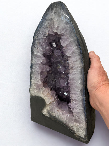 Amethyst geode with a hand for scale on a white background