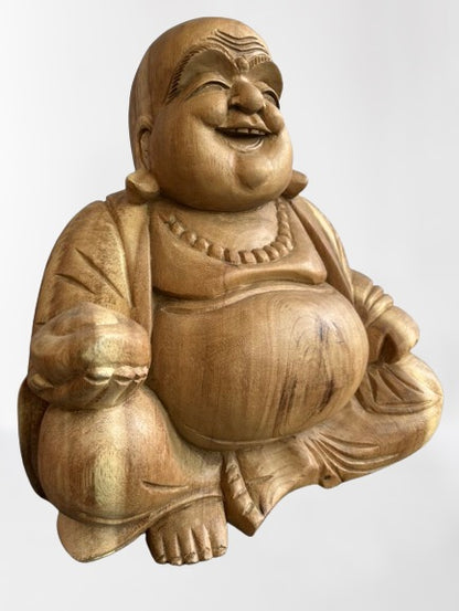Wood Fat Laughing Happy Buddha Statue 12" - Routes Gallery
