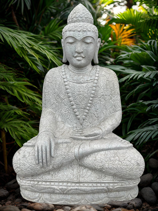 Stone Seated Earth Touching Buddha Sculpture 34" - Routes Gallery