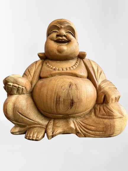Wood Fat Laughing Happy Buddha Statue 12" - Routes Gallery