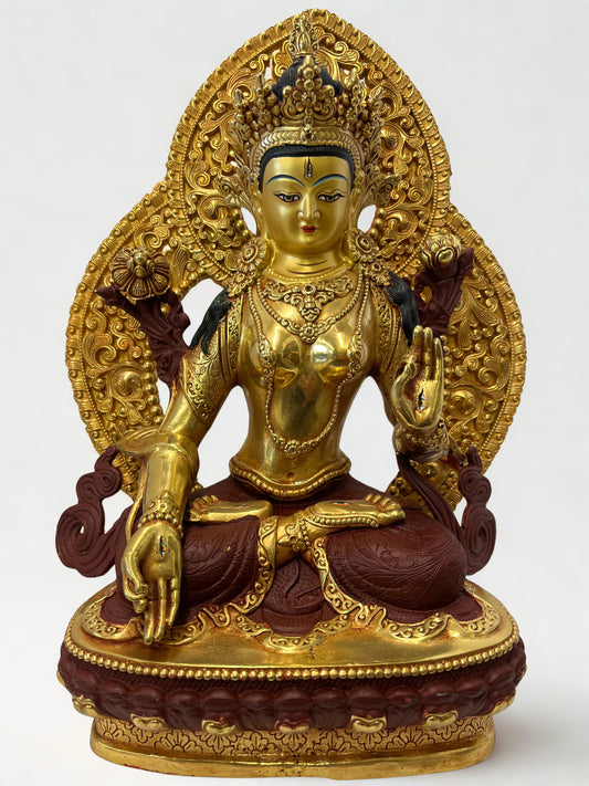 Brass White Tara statue 12 inch seated in lotus posture with ornate lotus halo, Buddhist goddess of compassion healing wisdom, Himalayan spiritual altar decor for meditation yoga and mindfulness spaces