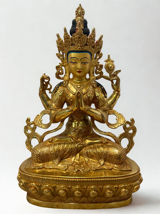 Gold-colored statue of Chenrezig on a white background, Tibetan Chenrezig statue, brass Avalokiteshvara sculpture, Buddhist compassion deity, Himalayan art statue, meditation altar décor, spiritual home decoration