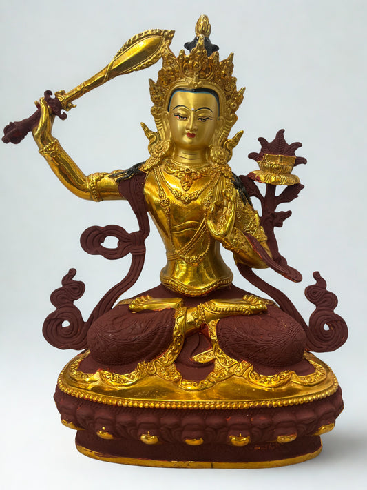 Brass Manjushri Wisdom Bodhisattva Statue 12" - Routes Gallery