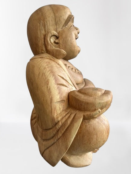 Wood Fat Laughing Happy Buddha Statue 12" - Routes Gallery