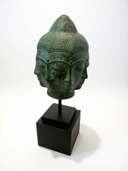 Eight Face Brass Buddha Head on Stand 9.5"
