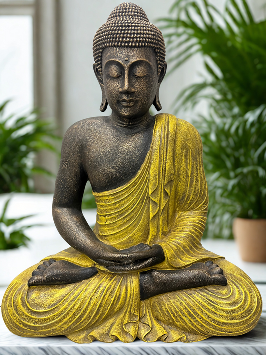 Statue of a meditating Buddha in a home setting with plants.