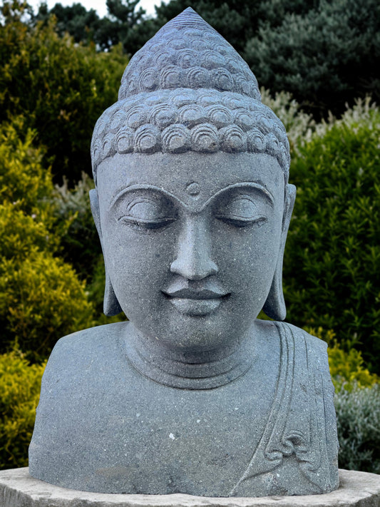 Handcarved Buddha Bust Garden Statue 32"