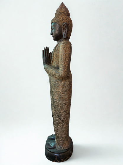 Handcarved Standing Namaste Buddha Statue 58"