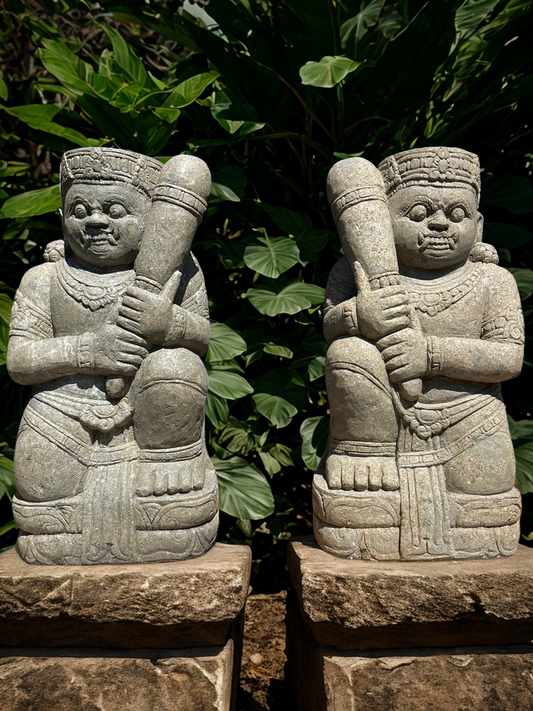 Stone Dvarapala Guardian Sculpture Pair 32"