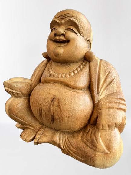Wood Fat Laughing Happy Buddha Statue 12" - Routes Gallery