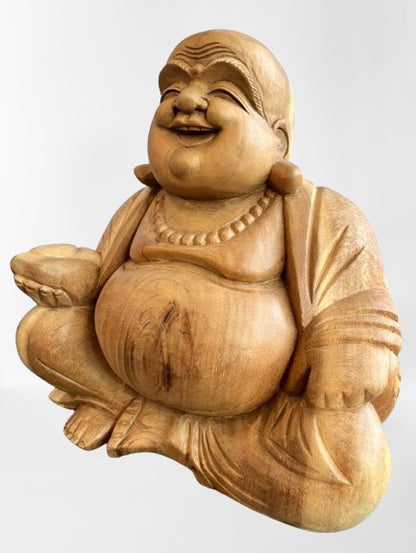 Wood Fat Laughing Happy Buddha Statue 12" - Routes Gallery