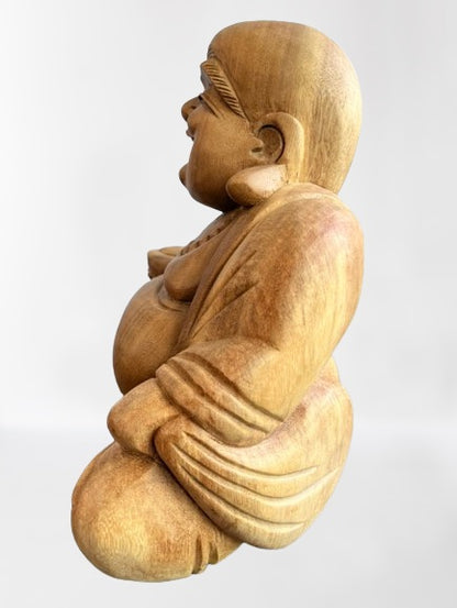Wood Fat Laughing Happy Buddha Statue 12" - Routes Gallery