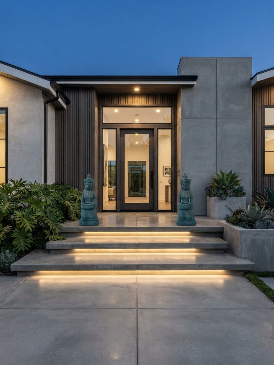 Modern house front entrance at dusk with concrete steps, warm under-step lighting, dark-framed glass doors, textured stucco walls, and two green statue sculptures on either side of the stairs.