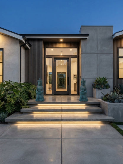 Modern house front entrance at dusk with concrete steps, warm under-step lighting, dark-framed glass doors, textured stucco walls, and two green statue sculptures on either side of the stairs.