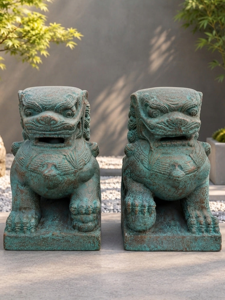 A pair of green patina bronze Chinese Shishi guardian statues positioned side-by-side outdoors on a stone patio with a gray wall and green foliage in the background, feng shui entryway statues, outdoor Chinese guardian lions, concrete foo dogs for front porch