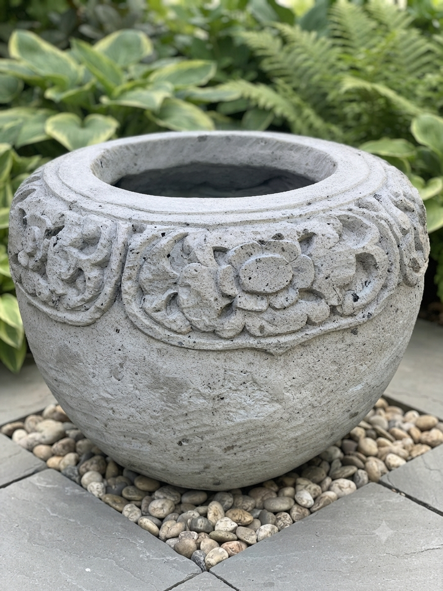 A round concrete garden planter with carved floral patterns around the upper section, placed outdoors on small pebbles with green foliage in the background.