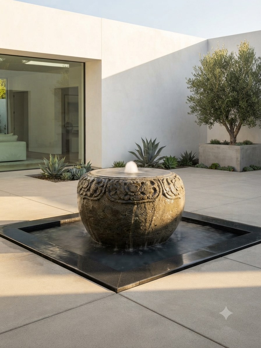 A round carved stone fountain with a small central water jet, set in a square black stone pool on a concrete patio in front of a modern white stucco building.