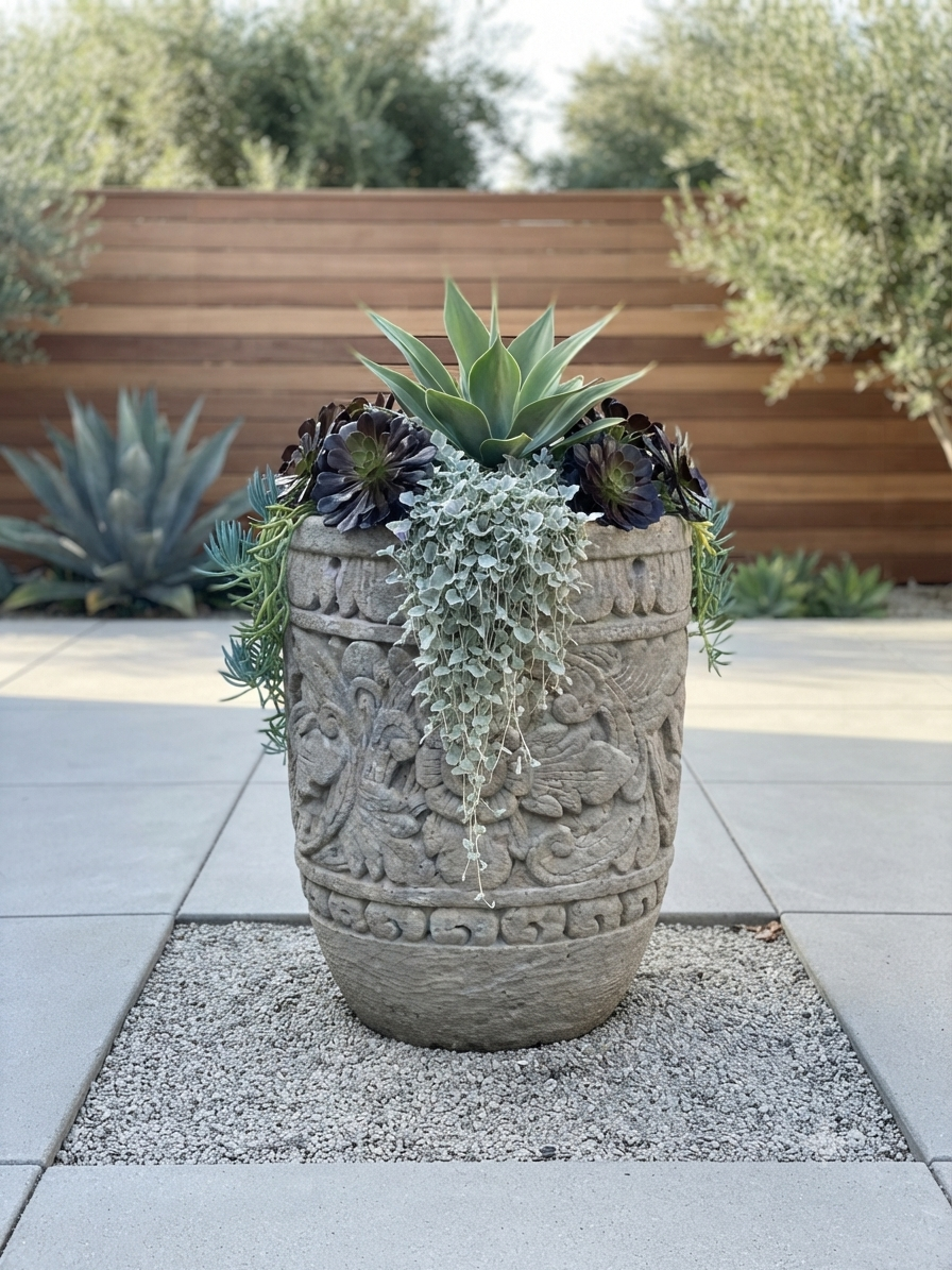 An ornate, textured gray concrete planter pot filled with succulents and a trailing agave, set on a stone patio in a landscaped garden area with a wooden fence in the background.