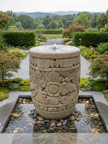 A large carved stone cylindrical fountain with a small water spout, set in a rectangular stone pool filled with river rocks, surrounded by a landscaped garden with hedges and a path leading into the background.