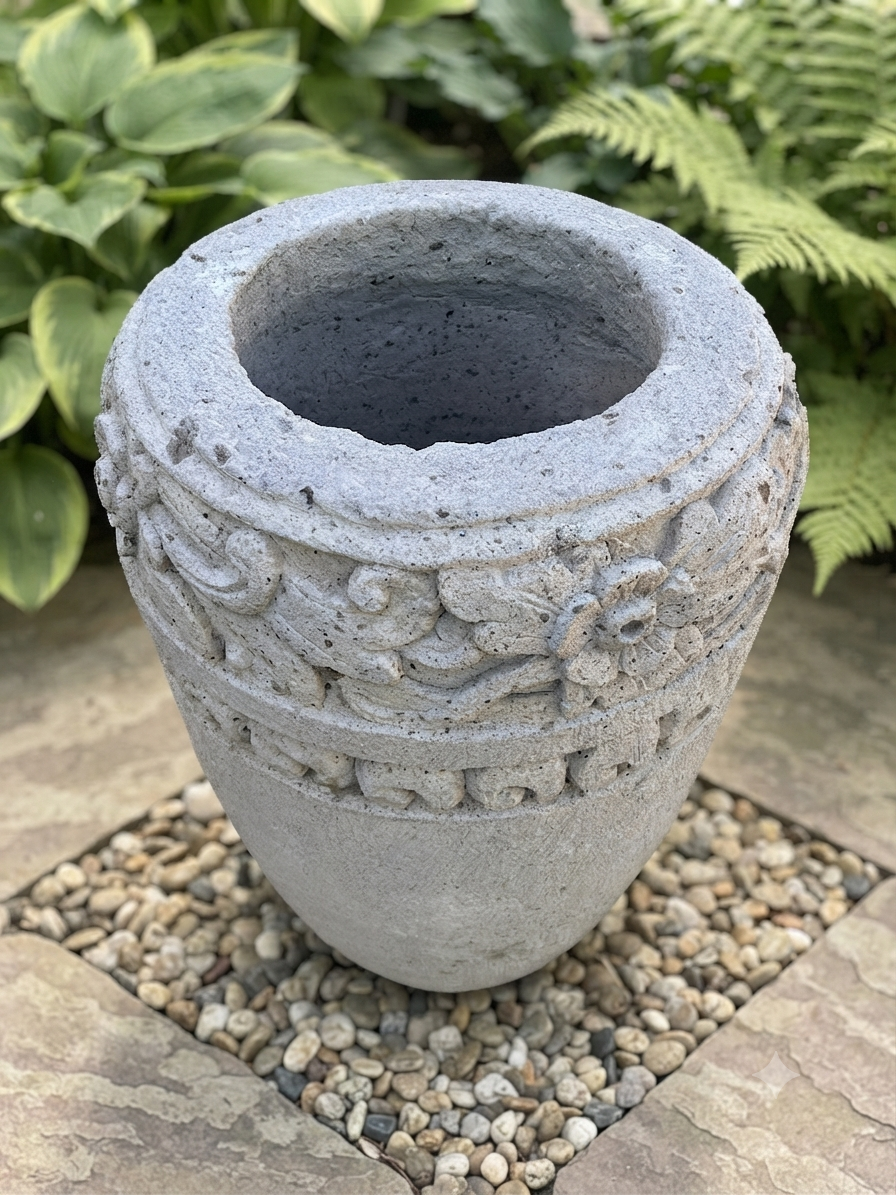 A gray concrete planter pot with carved floral and scroll patterns, placed on a bed of small pebbles with green garden foliage in the background.