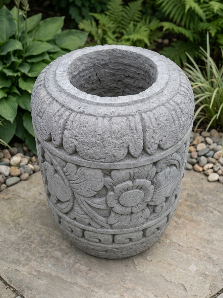 A gray stone planter pot with carved floral and scroll patterns, set on a stone patio with green garden plants in the background.
