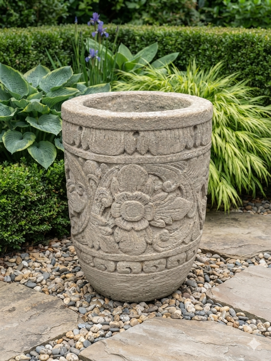 A large round stone planter with carved floral and scroll patterns, placed outdoors on a stone path surrounded by gravel, green shrubs, and plants.