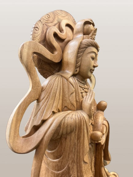 Hand Carved Wood Quan Yin with Ruyi Scepter 44"