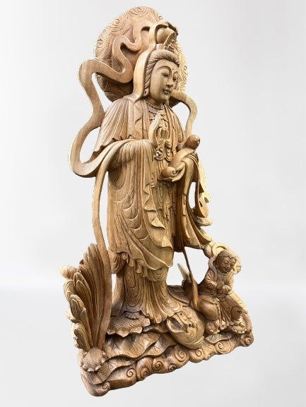 Hand Carved Wood Quan Yin with Ruyi Scepter 44"