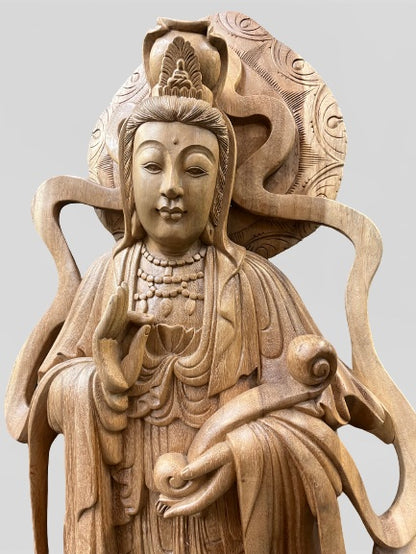 Hand Carved Wood Quan Yin with Ruyi Scepter 44"