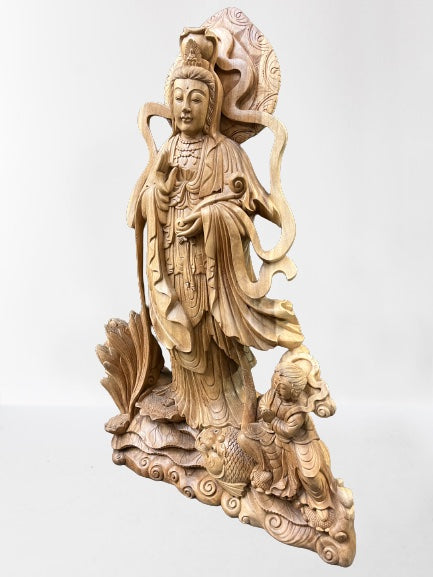 Hand Carved Wood Quan Yin with Ruyi Scepter 44"