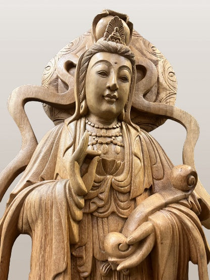 Hand Carved Wood Quan Yin with Ruyi Scepter 44"
