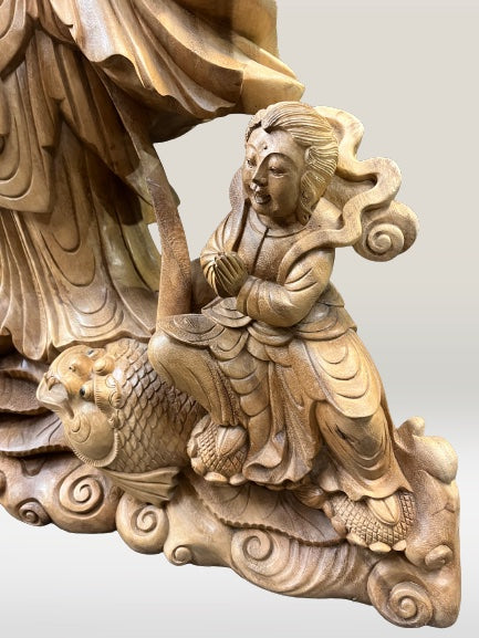 Hand Carved Wood Quan Yin with Ruyi Scepter 44"