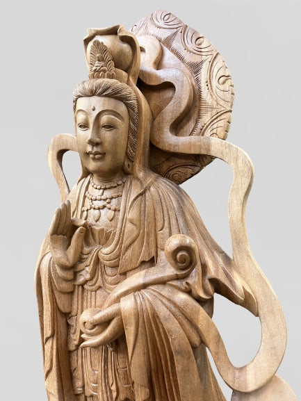 Hand Carved Wood Quan Yin with Ruyi Scepter 44"