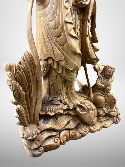 Hand Carved Wood Quan Yin with Ruyi Scepter 44"