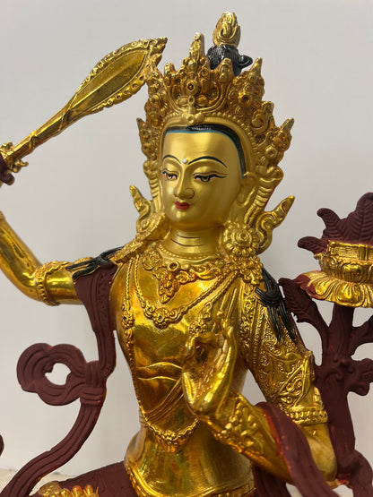 Brass Manjushri Wisdom Bodhisattva Statue 12" - Routes Gallery