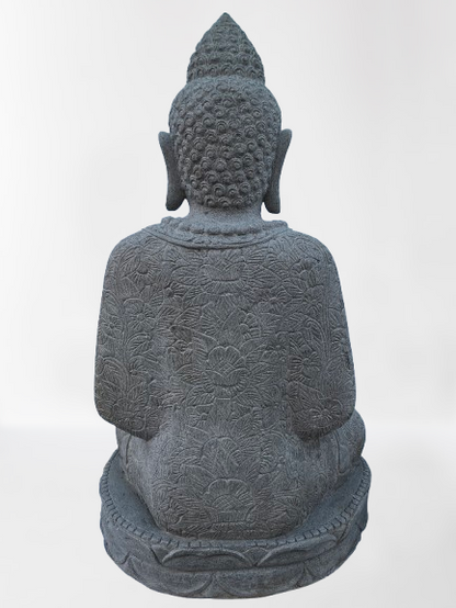 Stone Buddha statue from behind on a white background