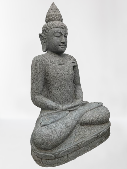 Stone statue of a seated Buddha on a white background
