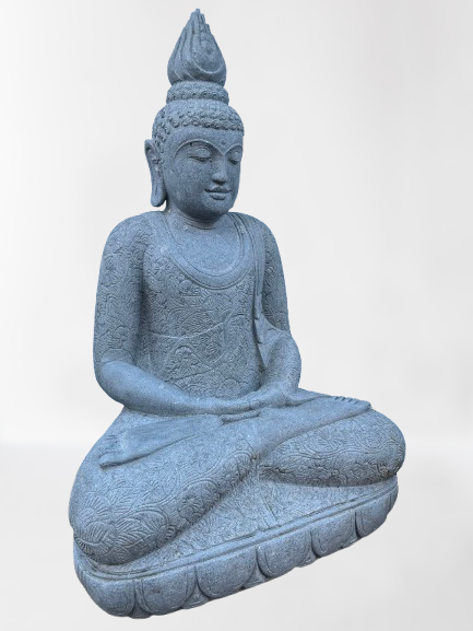 Stone statue of a seated Buddha on a white background