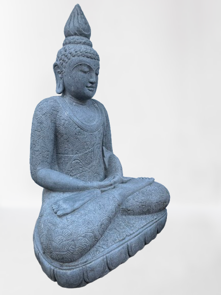 Stone statue of a seated Buddha on a white background